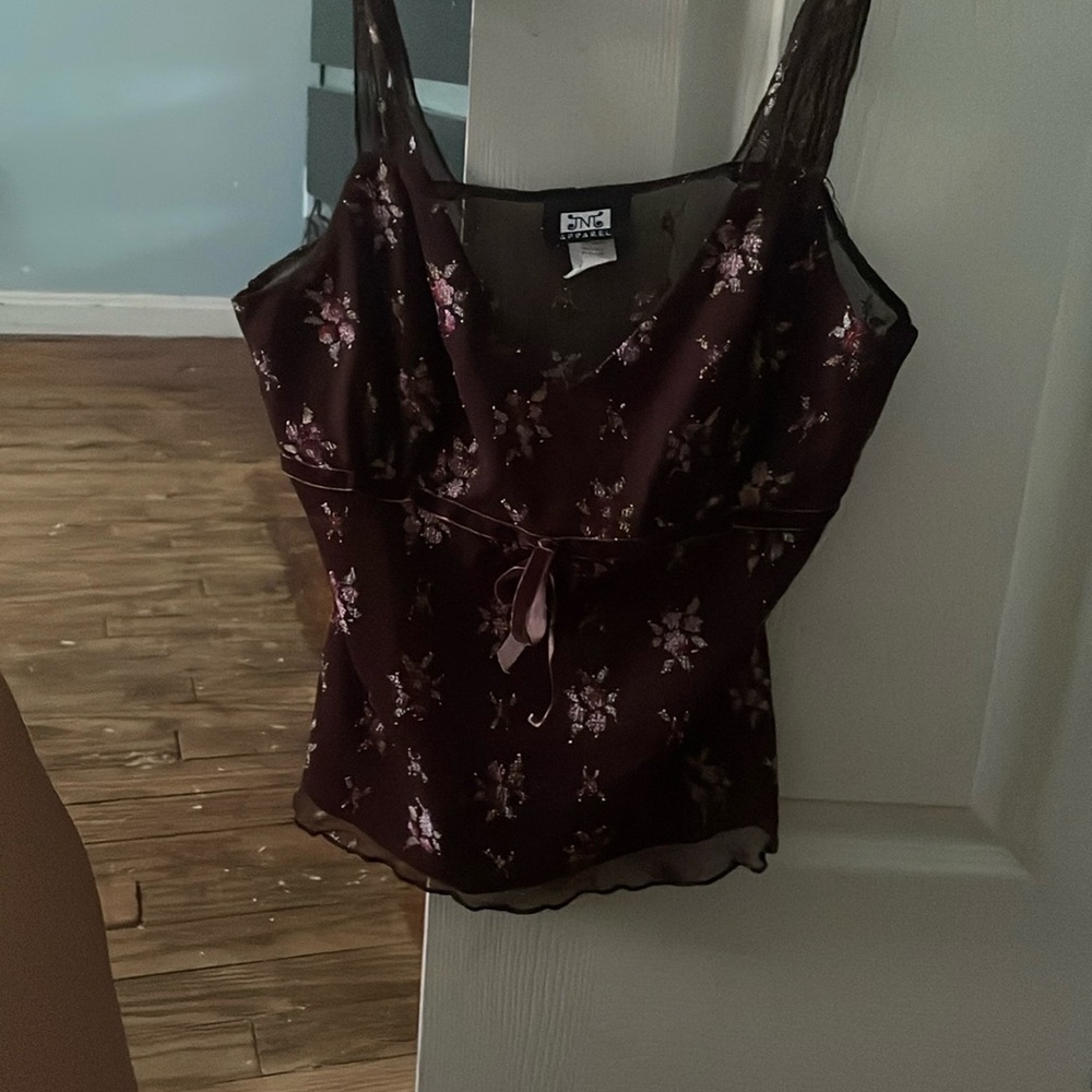 DNY Burgundy Floral Camisole with Sheer Lace